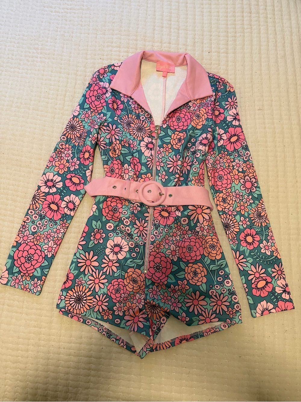 Sugar Thrillz Pink & Teal Floral Zip Romper Jacket with Belt
